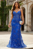 Royal Blue Mermaid Spaghetti Straps Corset Sparkly Sequin Plus Size Long Prom Dress