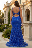 Royal Blue Mermaid Spaghetti Straps Corset Sparkly Sequin Plus Size Long Prom Dress