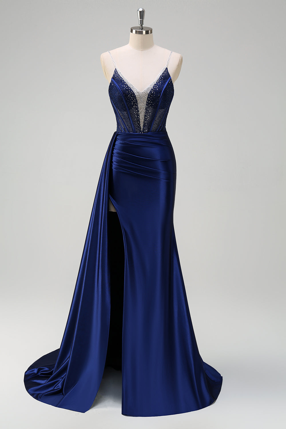WEDTREND Women Navy Prom Dress With Slit Mermaid Watteau Train Spaghetti Straps Deep V-Neck Corset Beaded Pleated Long Evening Dress WEDTREND Women Navy Prom Dress With Slit Mermaid Watteau Train Spaghetti Straps Deep V-Neck Corset Beaded Pleated Long Evening Dress