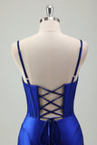 Sparkly Royal Blue Mermaid Lace Up Back Corset Long Prom Dress with Slit