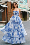 White Blue Flower A Line Strapless Tiered Floor Length Dress with Bows