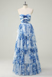 White Blue Flower A Line Strapless Tiered Floor Length Dress with Bows