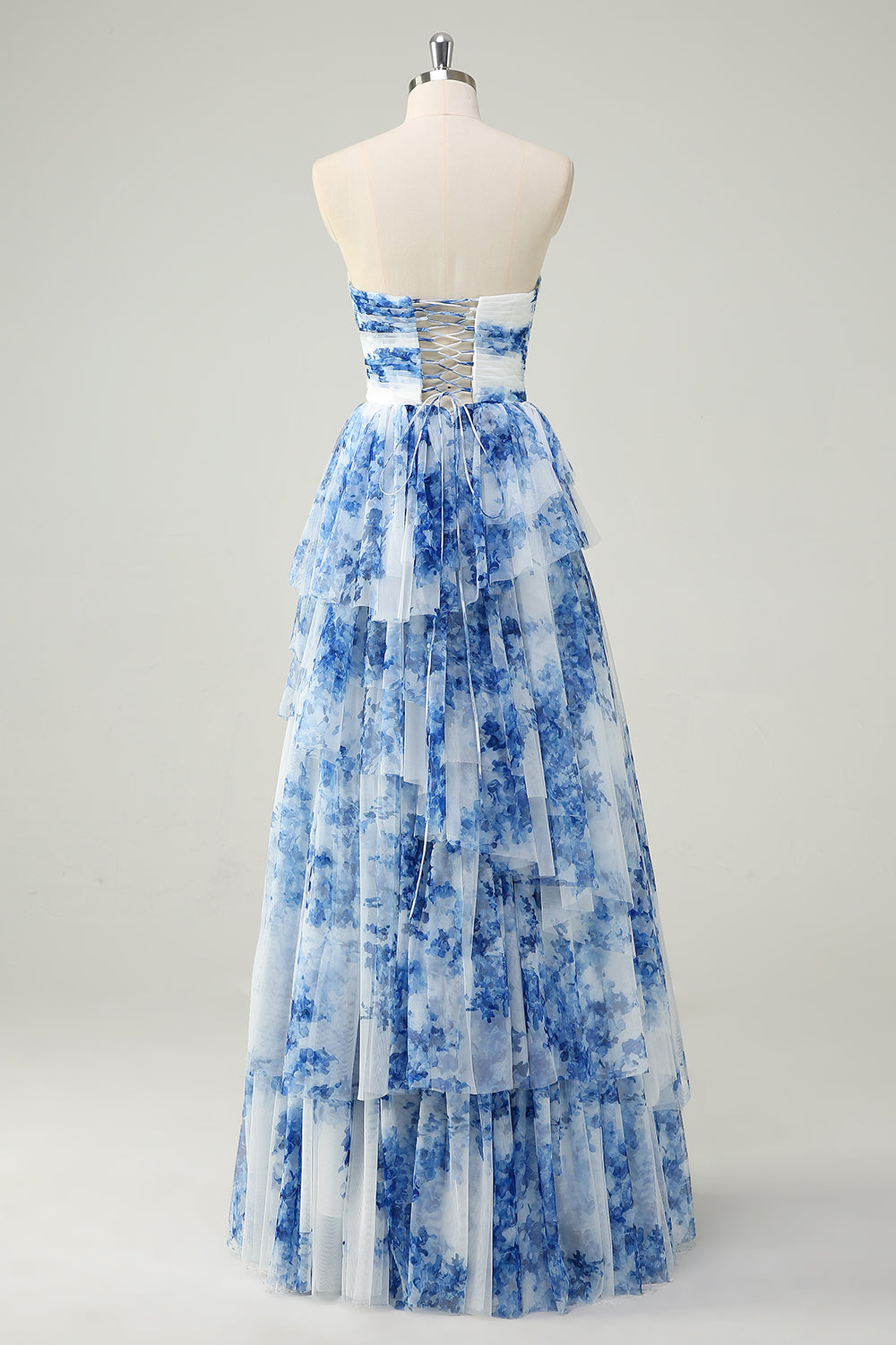WEDTREND Women White Blue Flower Strapless Long Prom Dress with Lace-up Back Ruched A-Line Tiered Floral Formal Dress WEDTREND Women White Blue Flower Strapless Long Prom Dress with Lace-up Back Ruched A-Line Tiered Floral Formal Dress