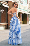 White Blue Flower A Line Strapless Tiered Floor Length Dress with Bows