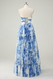 White Blue Flower A Line Strapless Tiered Floor Length Dress with Bows
