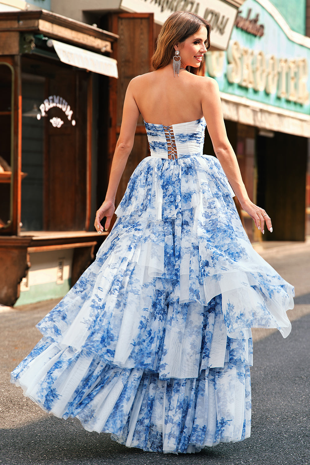 WEDTREND Women White Blue Flower Strapless Long Prom Dress with Lace-up Back Ruched A-Line Tiered Floral Formal Dress WEDTREND Women White Blue Flower Strapless Long Prom Dress with Lace-up Back Ruched A-Line Tiered Floral Formal Dress
