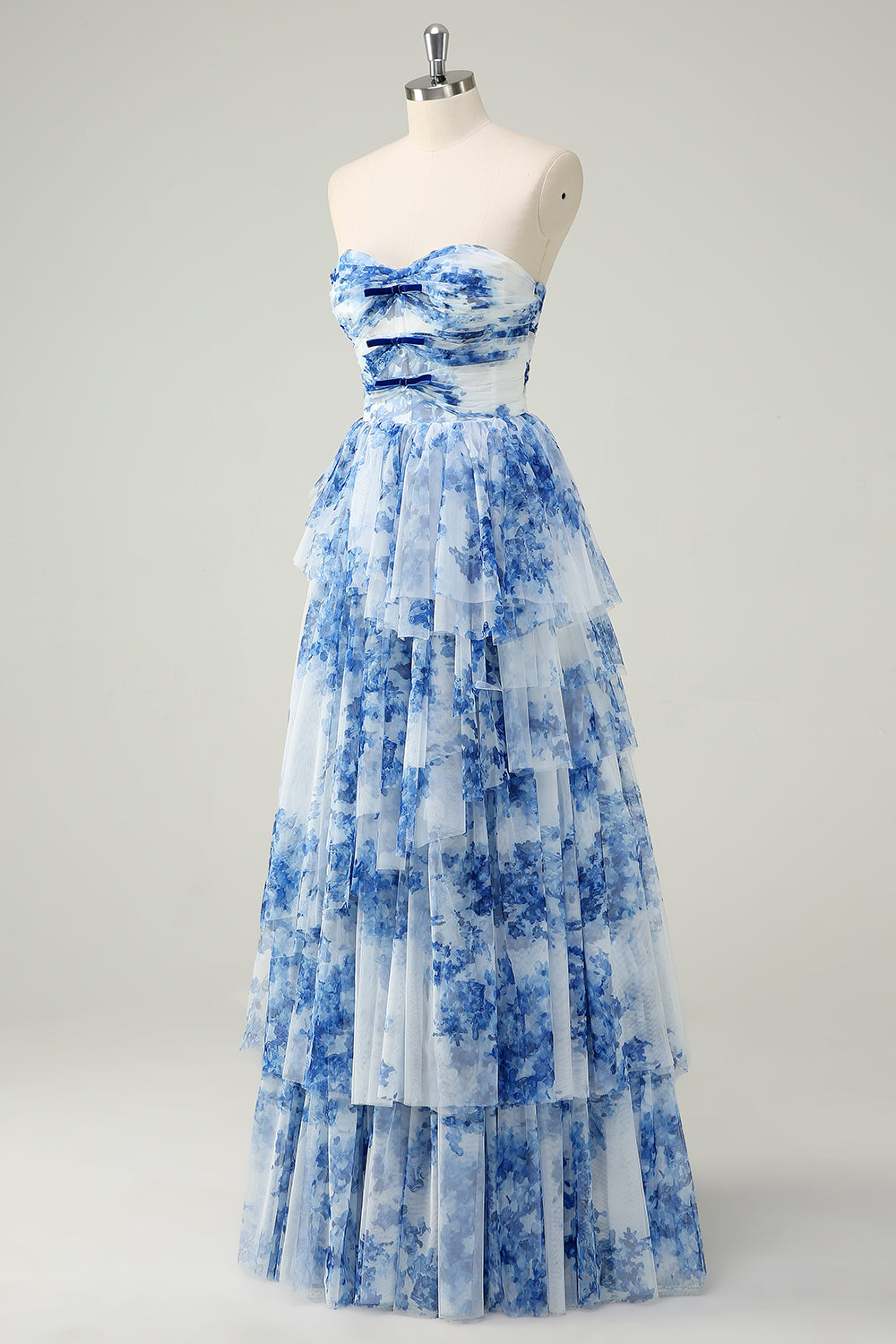WEDTREND Women White Blue Flower Strapless Long Prom Dress with Lace-up Back Ruched A-Line Tiered Floral Formal Dress WEDTREND Women White Blue Flower Strapless Long Prom Dress with Lace-up Back Ruched A-Line Tiered Floral Formal Dress