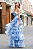 White Blue Flower A Line Strapless Tiered Floor Length Dress with Bows