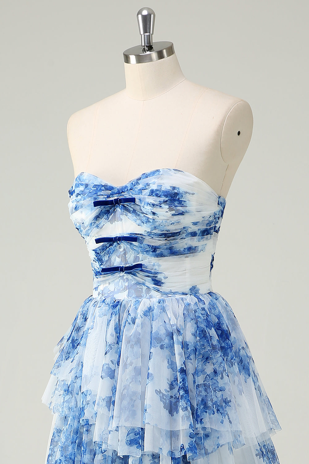 WEDTREND Women White Blue Flower Strapless Long Prom Dress with Lace-up Back Ruched A-Line Tiered Floral Formal Dress WEDTREND Women White Blue Flower Strapless Long Prom Dress with Lace-up Back Ruched A-Line Tiered Floral Formal Dress