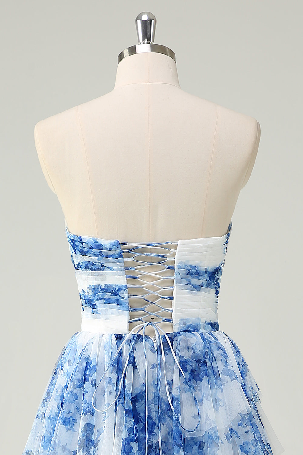 WEDTREND Women White Blue Flower Strapless Long Prom Dress with Lace-up Back Ruched A-Line Tiered Floral Formal Dress WEDTREND Women White Blue Flower Strapless Long Prom Dress with Lace-up Back Ruched A-Line Tiered Floral Formal Dress