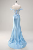 Sky Blue Off The Shoulder Corset Mermaid Long Prom Dress with 3D Flowers