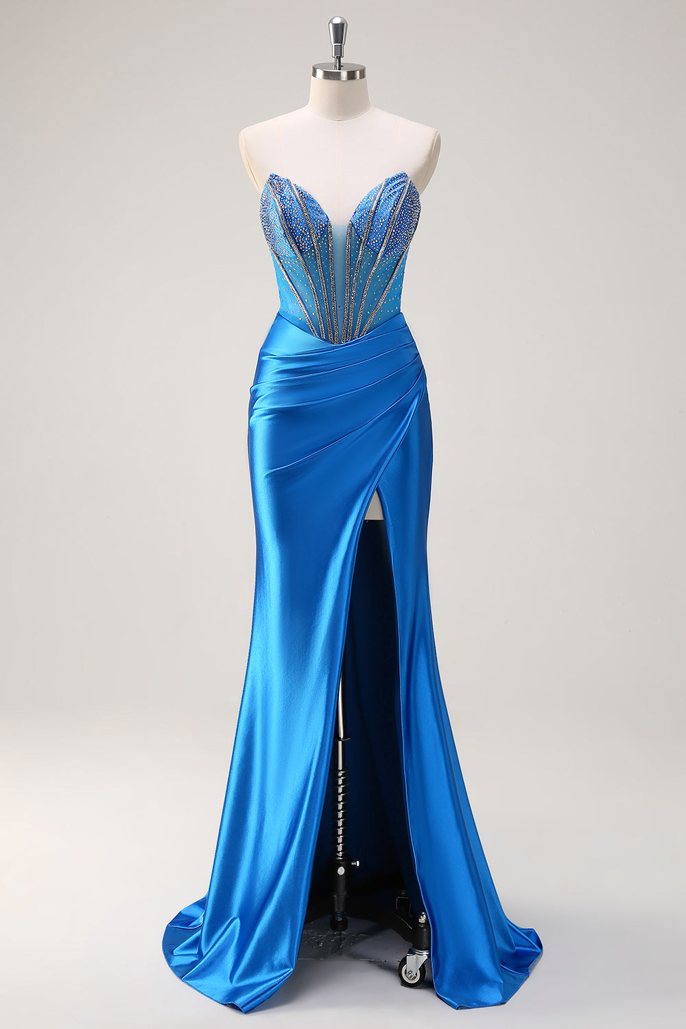 WEDTREND Women Sparkly Blue Strapless Prom Dress with Split Mermaid Beaded Long Corset Ruched Satin Formal Dress WEDTREND Women Sparkly Blue Strapless Prom Dress with Split Mermaid Beaded Long Corset Ruched Satin Formal Dress