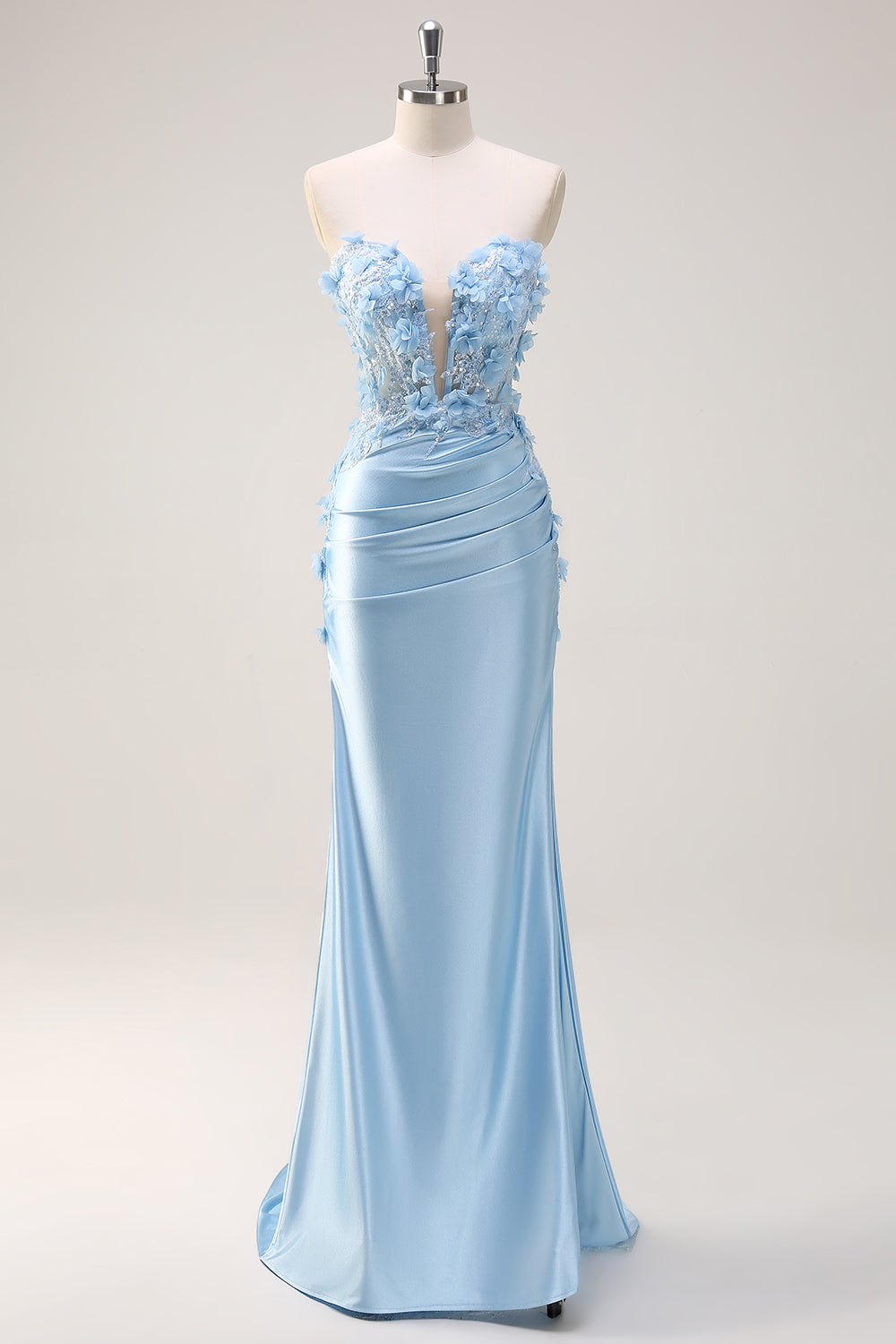 WEDTREND Women Sky Blue Strapless Prom Dress with 3D Appliques Mermaid Long Ruched Corset Satin Formal Dress with Slit WEDTREND Women Sky Blue Strapless Prom Dress with 3D Appliques Mermaid Long Ruched Corset Satin Formal Dress with Slit