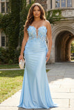 Sky Blue Mermaid Strapless Long Plus Size Prom Dress with 3D Flowers