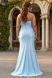 Sky Blue Mermaid Strapless Long Plus Size Prom Dress with 3D Flowers