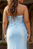 Sky Blue Mermaid Strapless Long Plus Size Prom Dress with 3D Flowers