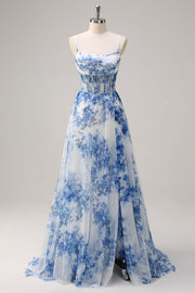 White Blue Flower A Line Spaghetti Straps Ruched Corset Long Prom Dress With Slit
