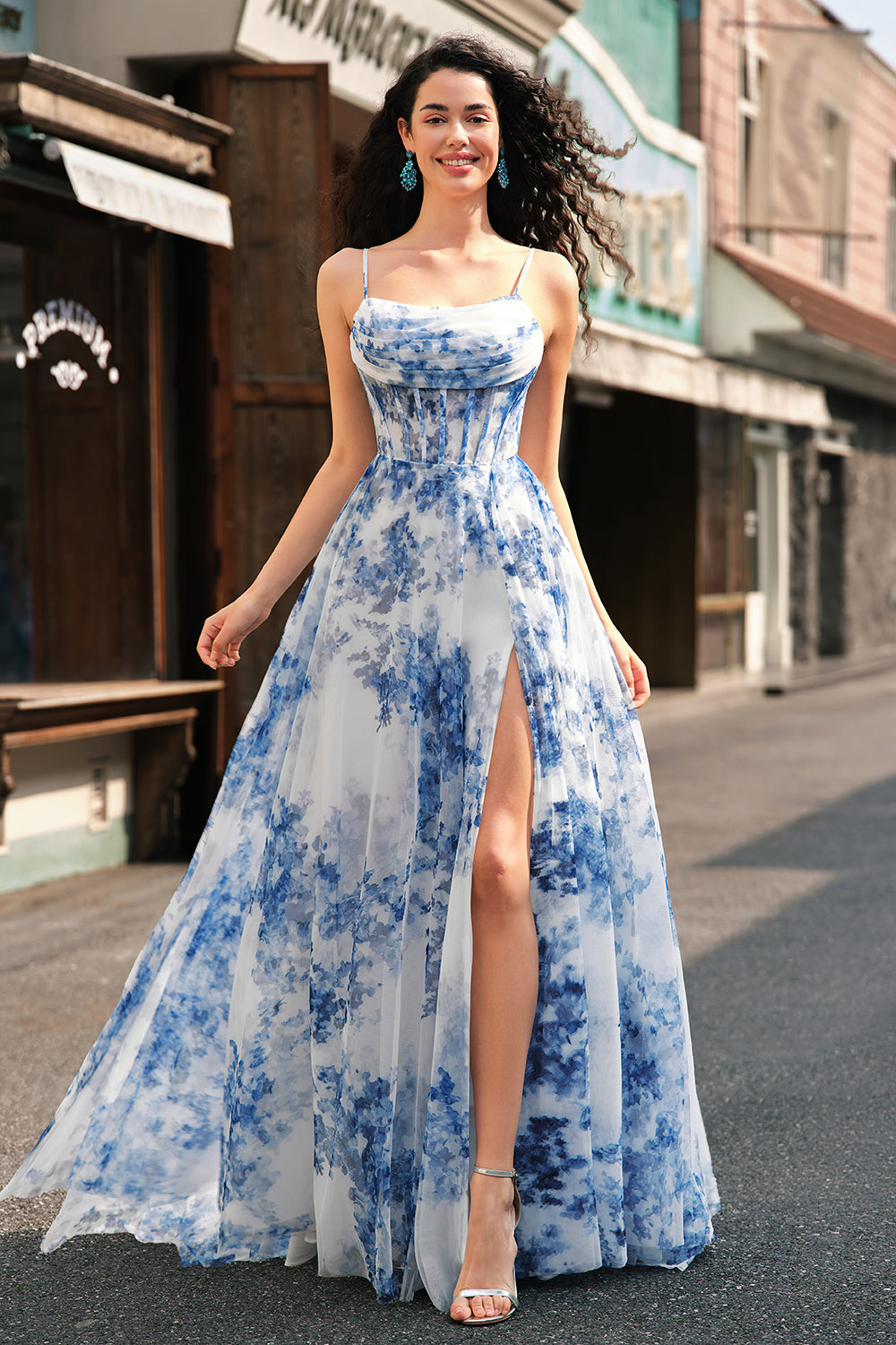 Wedtrend Women White Blue Flower Long Prom Dress With Slit Corset A Line Spaghetti Straps Ruched Formal Dress WEDTREND Wedtrend Women White Blue Flower Long Prom Dress With Slit Corset A Line Spaghetti Straps Ruched Formal Dress WEDTREND