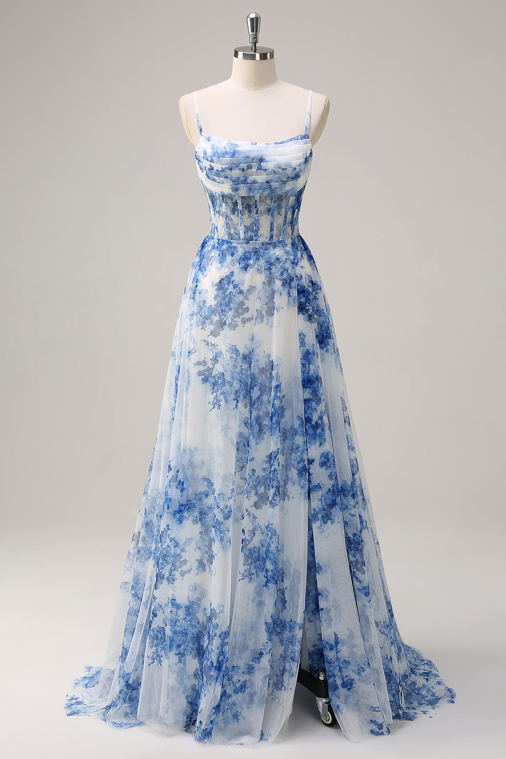WEDTREND Women White Blue Flower Long Prom Dress With Slit A-Line Spaghetti Straps Corset Wedding Party Dress WEDTREND Women White Blue Flower Long Prom Dress With Slit A-Line Spaghetti Straps Corset Wedding Party Dress