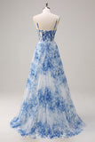White Blue Flower A-Line Corset Spaghetti Straps Corset Maxi Dress With Slit