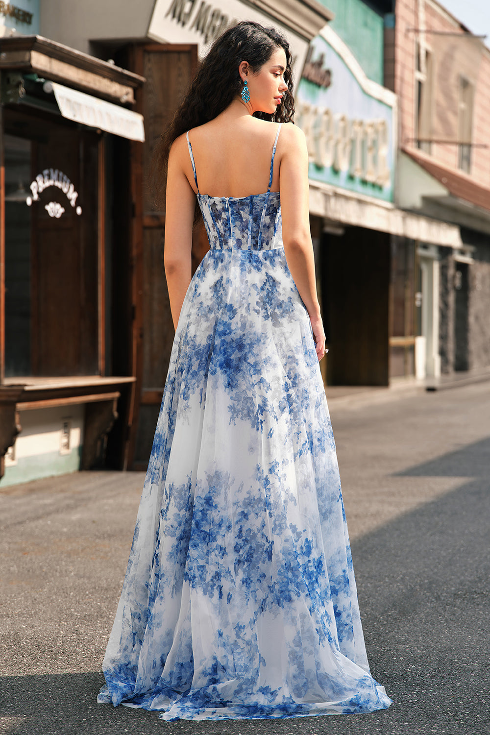 Wedtrend Women White Blue Flower Long Prom Dress With Slit Corset A Line Spaghetti Straps Ruched Formal Dress WEDTREND Wedtrend Women White Blue Flower Long Prom Dress With Slit Corset A Line Spaghetti Straps Ruched Formal Dress WEDTREND