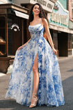 White Blue Flower A-Line Corset Spaghetti Straps Corset Maxi Dress With Slit