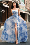 White Blue Flower A-Line Corset Spaghetti Straps Corset Maxi Dress With Slit