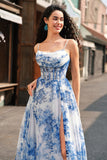 White Blue Flower A-Line Corset Spaghetti Straps Corset Maxi Dress With Slit