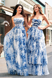White Blue Flower A-Line Spaghetti Straps Corset Long Prom Dress With Slit