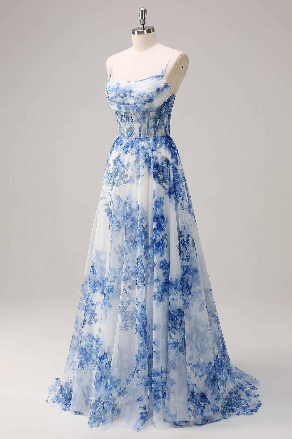 Wedtrend Women White Blue Flower Long Prom Dress With Slit Corset A Line Spaghetti Straps Ruched Formal Dress WEDTREND Wedtrend Women White Blue Flower Long Prom Dress With Slit Corset A Line Spaghetti Straps Ruched Formal Dress WEDTREND
