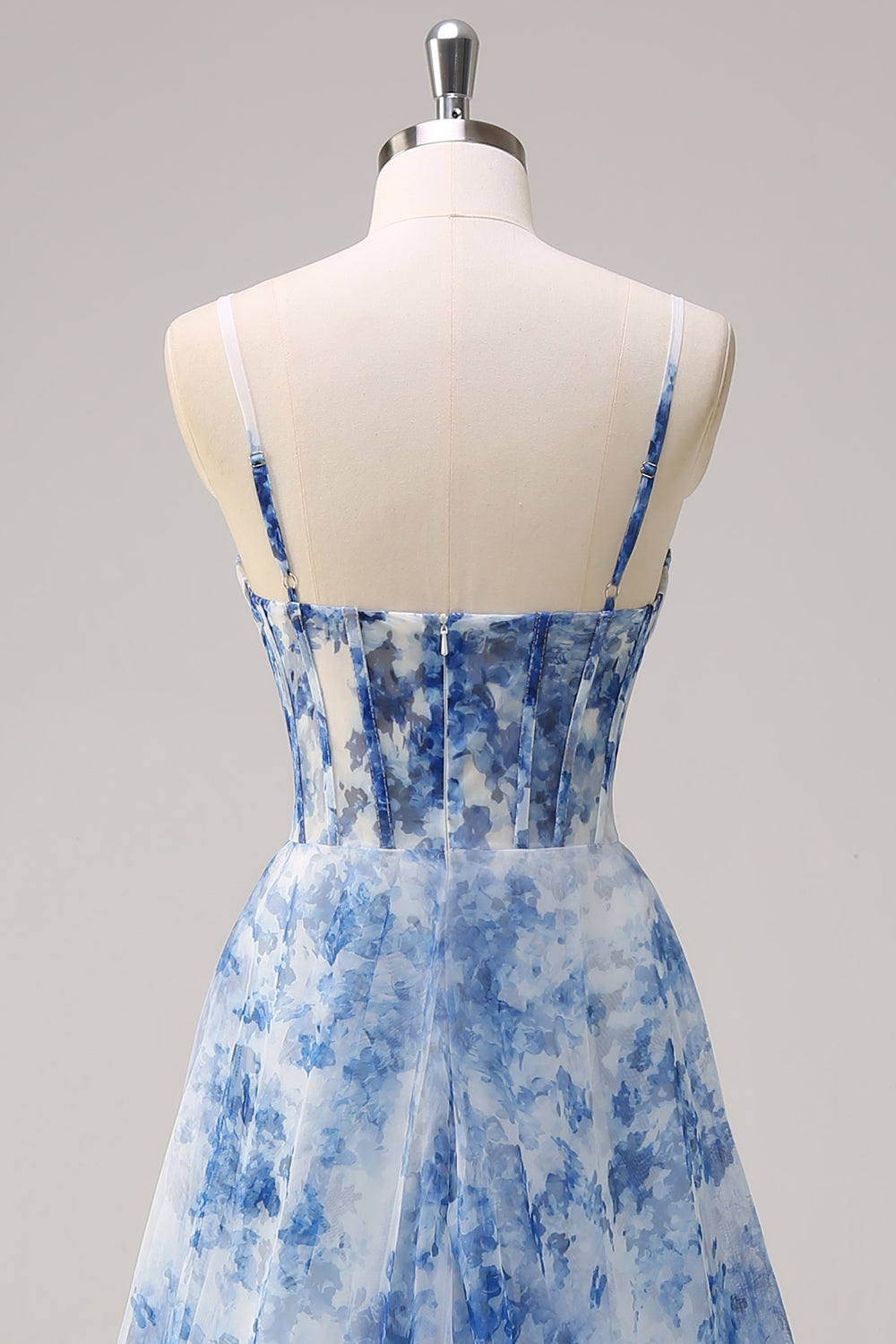 Wedtrend Women White Blue Flower Long Prom Dress With Slit Corset A Line Spaghetti Straps Ruched Formal Dress WEDTREND Wedtrend Women White Blue Flower Long Prom Dress With Slit Corset A Line Spaghetti Straps Ruched Formal Dress WEDTREND
