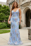 Sparkly Blue Mermaid V Neck Sequins Plus Size Long Prom Dress with Lace Up Back