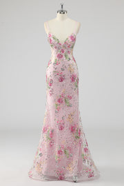 Sparkly Pink Mermaid V Neck Backless Sequins Long Prom Dress with Lace Up Back