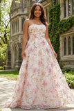 Pink A-Line Strapless Sparkly Sequin Floral Plus Size Long Prom Dress