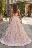 Pink A-Line Strapless Sparkly Sequin Floral Plus Size Long Prom Dress