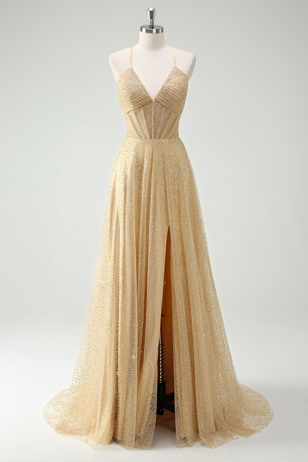 Wedtrend Women Sparkly Gold Long Prom Dress With Slit A Line Sequin Lace Up Back Spaghetti Straps Evening Dress WEDTREND Wedtrend Women Sparkly Gold Long Prom Dress With Slit A Line Sequin Lace Up Back Spaghetti Straps Evening Dress WEDTREND