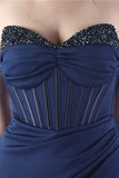 Sparkly Dark Green Strapless Beaded Corset Long Prom Dress with Slit