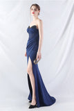 Sparkly Dark Green Strapless Beaded Corset Long Prom Dress with Slit