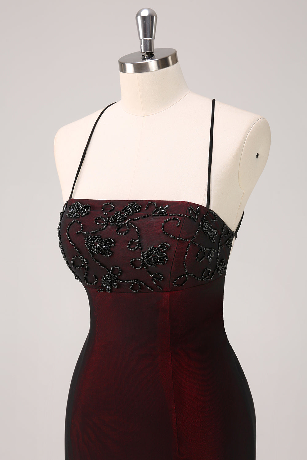 red and black lace bridesmaid dresses Leely Women Black Red Sheath Bridesmaid Dress Spaghetti Straps Lace-up Back Wedding Guest Dress with Slit