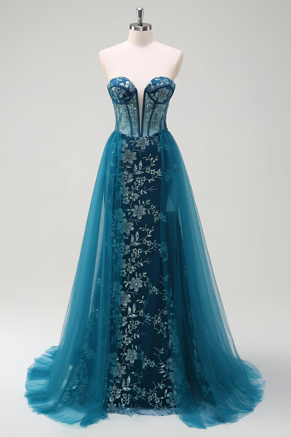 Wedtrend Women Sparkly Peacock Blue Detachable Train Prom Dress With Slit Fitted Strapless Corset Bodice Formal Dress WEDTREND Wedtrend Women Sparkly Peacock Blue Detachable Train Prom Dress With Slit Fitted Strapless Corset Bodice Formal Dress WEDTREND