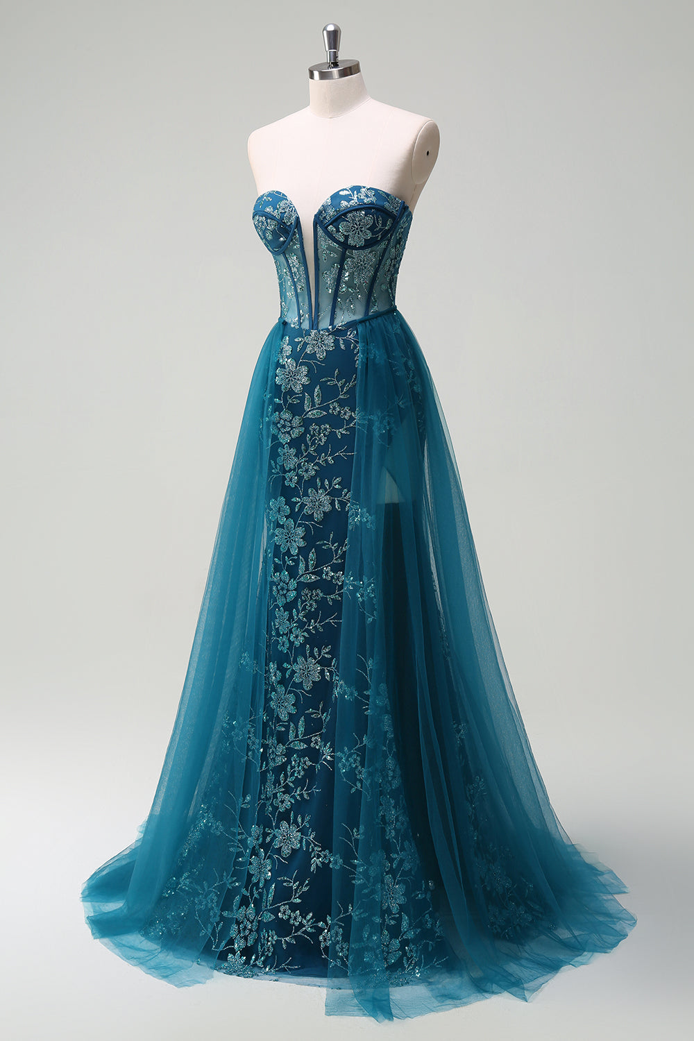 Wedtrend Women Sparkly Peacock Blue Detachable Train Prom Dress With Slit Fitted Strapless Corset Bodice Formal Dress WEDTREND Wedtrend Women Sparkly Peacock Blue Detachable Train Prom Dress With Slit Fitted Strapless Corset Bodice Formal Dress WEDTREND
