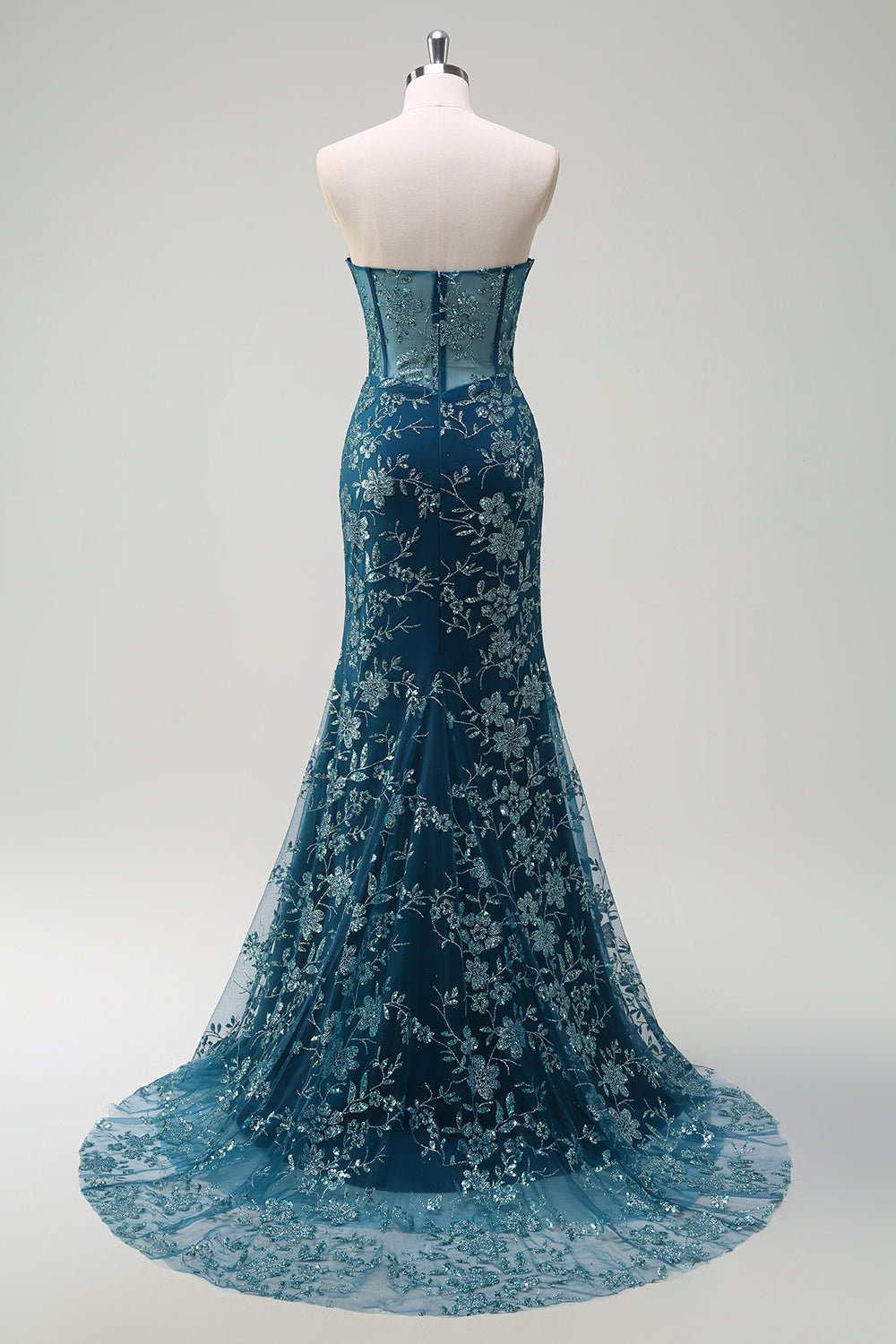 Wedtrend Women Sparkly Peacock Blue Detachable Train Prom Dress With Slit Fitted Strapless Corset Bodice Formal Dress WEDTREND Wedtrend Women Sparkly Peacock Blue Detachable Train Prom Dress With Slit Fitted Strapless Corset Bodice Formal Dress WEDTREND