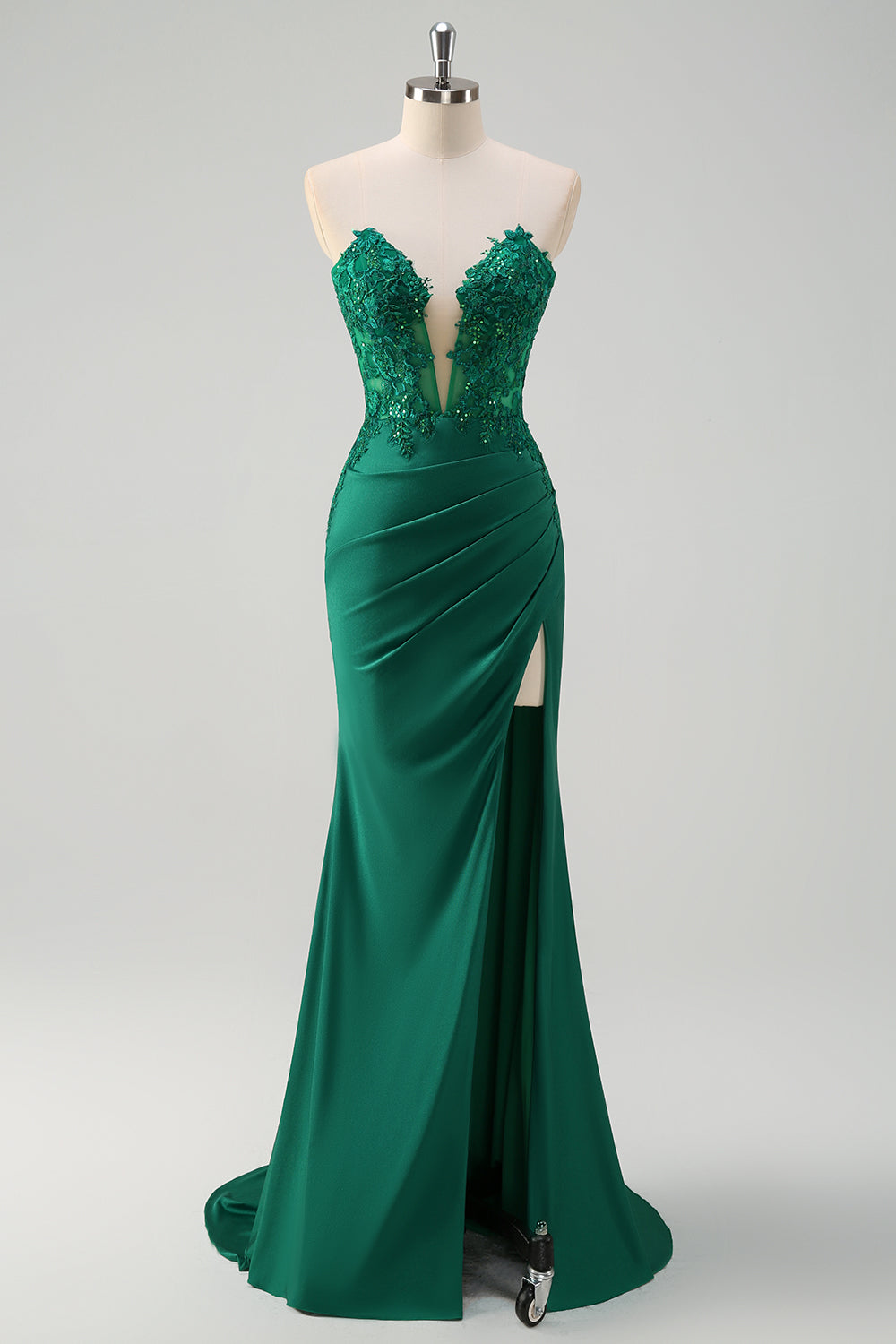 WEDTREND Women Green Strapless Prom Dress with Slit Mermaid Corset Pleated Long Formal Evening Dress WEDTREND Women Green Strapless Prom Dress with Slit Mermaid Corset Pleated Long Formal Evening Dress