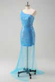Sparkly Blue Tight One Shoulder Prom Dress With Sequins