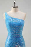 Sparkly Blue Tight One Shoulder Prom Dress With Sequins