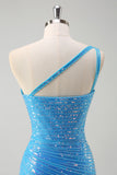 Sparkly Blue Tight One Shoulder Prom Dress With Sequins