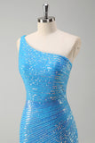 Sparkly Blue Tight One Shoulder Prom Dress With Sequins