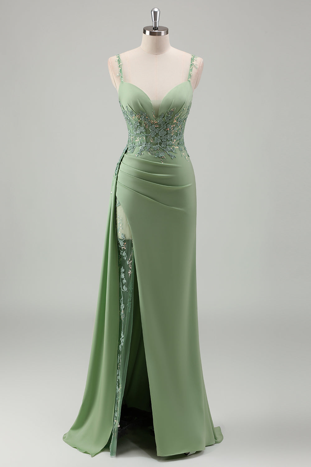 Light Green Mermaid Ruched Corset Sequin Side Watteau Train Prom Dress With Slit Light Green Mermaid Ruched Corset Sequin Side Watteau Train Prom Dress With Slit