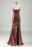 Golden Mermaid Spaghetti Straps Ruched Metallic Long Prom Dress with High Slit