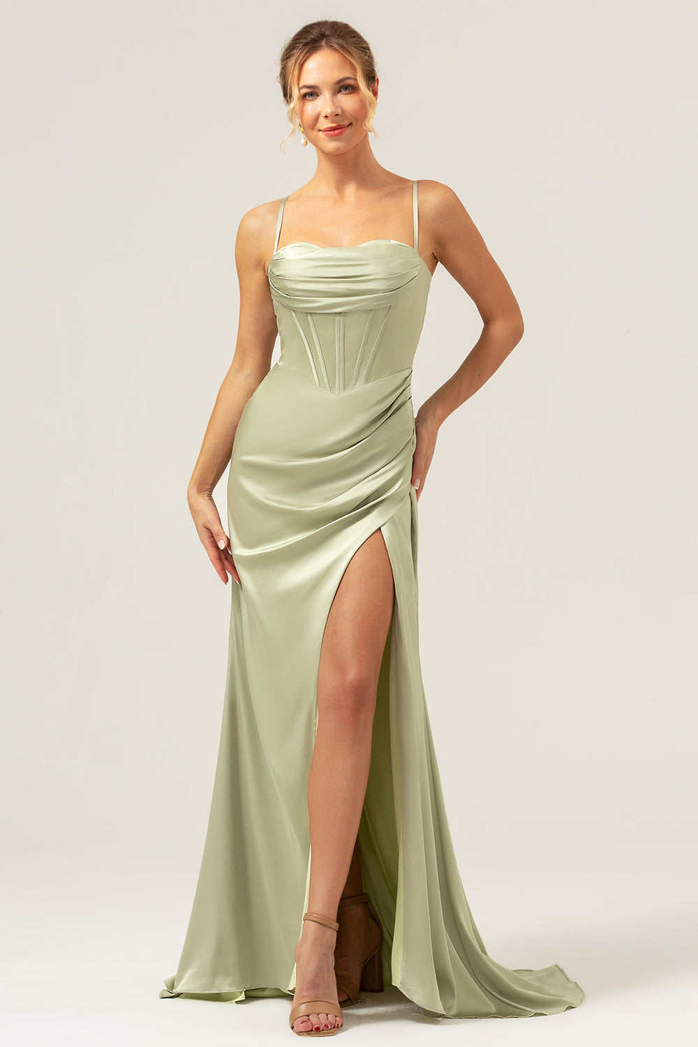 Wedtrend Women Sage Satin Bridesmaid Dress with Slit Mermaid Cowl Neckline Ruched Corset Long Wedding Party Dress, Sage / US4 Wedtrend Women Sage Satin Bridesmaid Dress with Slit Mermaid Cowl Neckline Ruched Corset Long Wedding Party Dress, Sage / US4